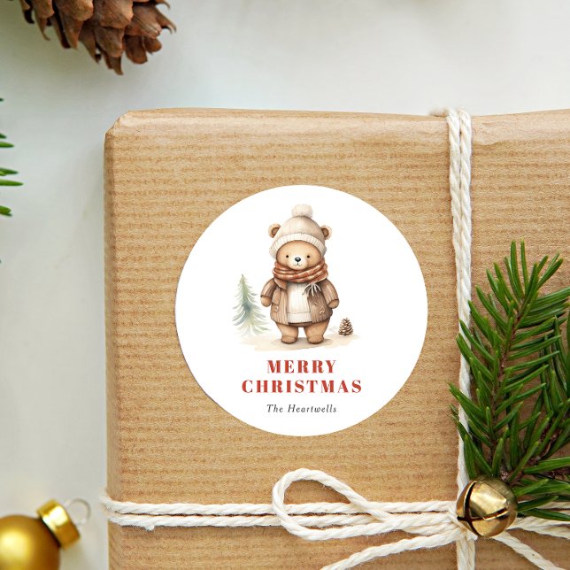 Sticker Rond Joli Ours Aquarelle Joyeux Noël Vacances (Créateur téléchargé)