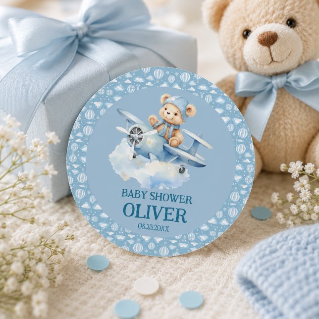 Sticker Rond Joli Ours Avion Bleu Le Temps Passe Un 1er Anniver (Cute Bear Blue Plane Time Flies One 1st Birthday Classic Round Sticker)