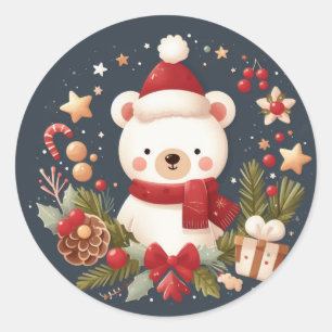 Sticker Rond Joli ours de Noël/d'hiver en couronne
