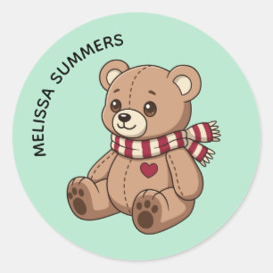 Sticker Rond Joli ours en peluche écharpe rayée nom personnalis