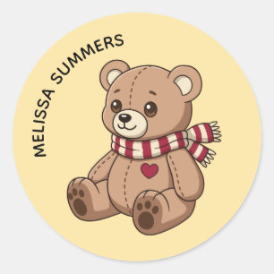 Sticker Rond Joli ours en peluche écharpe rayée nom personnalis