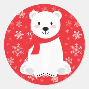 Sticker Rond Joli Ours Polaire Hiver Flocon Rouge