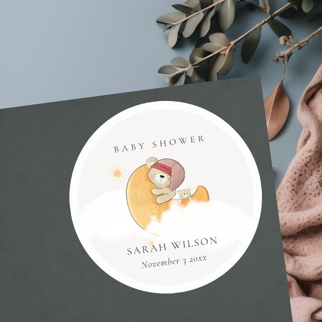 Sticker Rond Joli Ours Rose Sleepy Sur Lune Fille Baby shower (Créateur téléchargé)