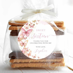 Sticker Rond Joli papillons rose doux 16 Quinceanera XV 15