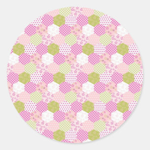 Sticker Rond Joli Pastel Rose Vert Patchwork Design Quilt