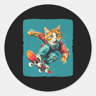 Sticker Rond Joli Patinage Cool Chat Pour Garçons Et Filles P