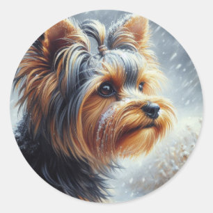 Sticker Rond Joli paysage hivernal de Yorkshire Terrier
