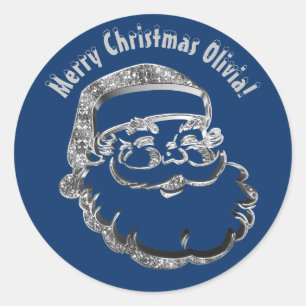 Sticker Rond Joli Père Noël Bleu Argent Gris Noël