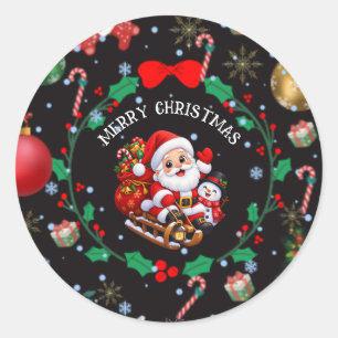 Sticker Rond Joli Père Noël et bonhomme de neige traîneau de No