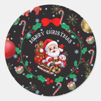 Sticker Rond Joli Père Noël et bonhomme de neige traîneau de No