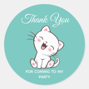Sticker Rond Joli petit chat sur fond sarcelle Merci