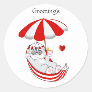 Sticker Rond Joli petit chaton dans un hamac rouge et blanc sal
