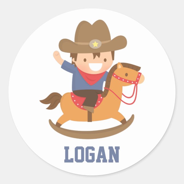 Sticker Rond Joli petit cow-boy sur Rocking Horse (Devant)
