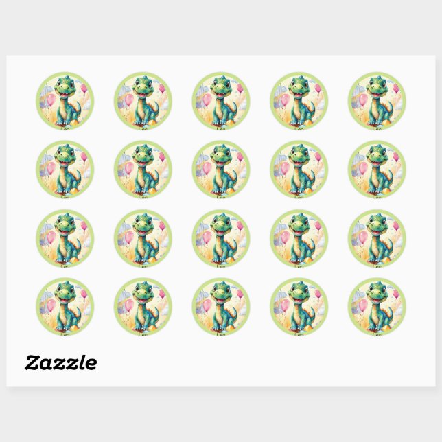Sticker Rond Joli petit dinosaure avec beaucoup de ballons colo (Feuille)