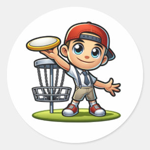 Sticker Rond Joli petit garçon Jouer Disque Golf