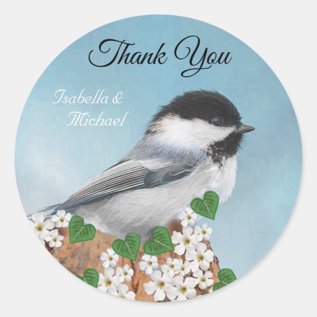 Sticker Rond Joli petit oiseau et fleurs Merci (Devant)
