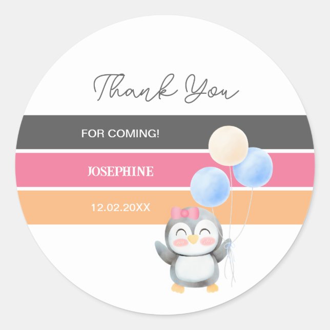 Sticker Rond Joli Pingouin Balloon Fille Anniversaire Merci (Devant)