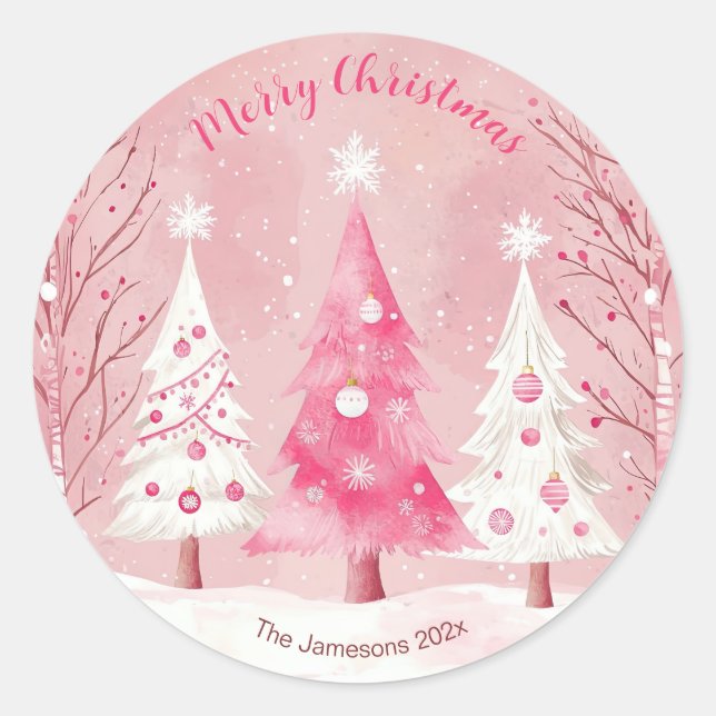 Sticker Rond Joli Pink Blanc Rétro Noël (Devant)