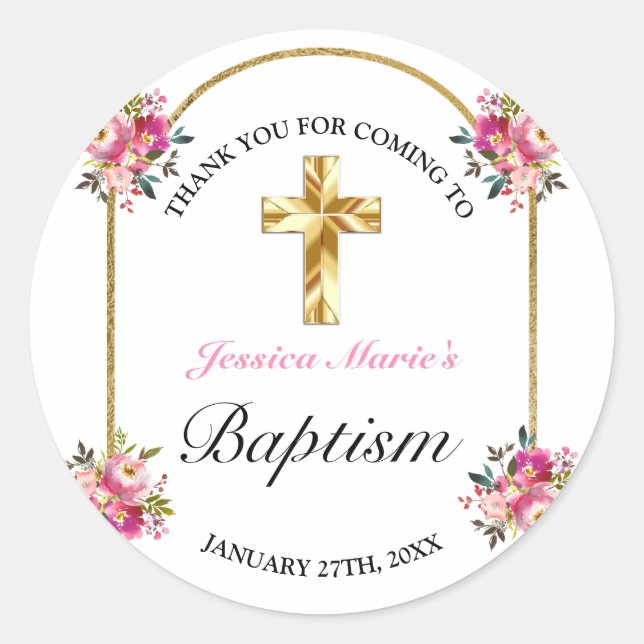 Sticker Rond Joli PInk Floral Gold Cross Baptism Merci (Devant)