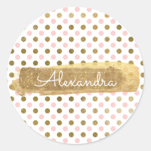 Sticker Rond Joli Polka point rose et or Enveloppe Sceau