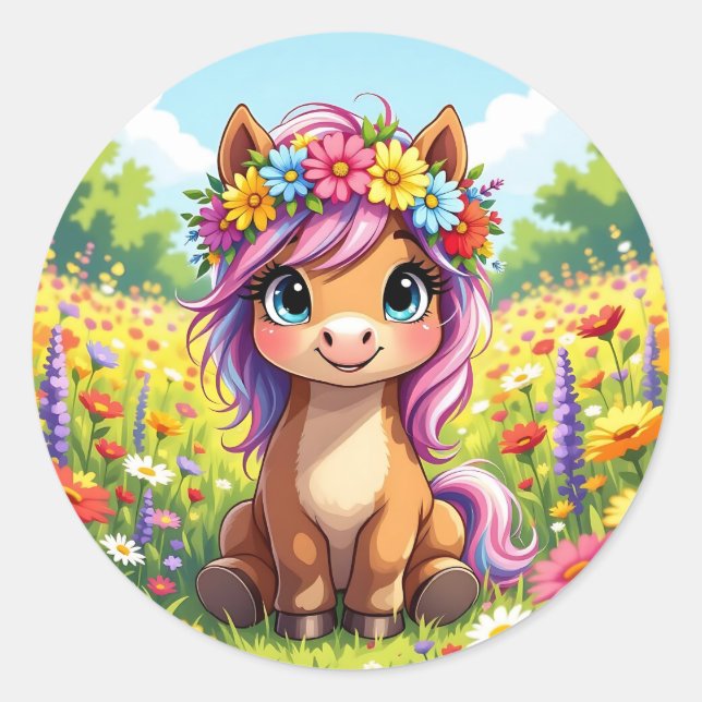 Sticker Rond Joli poney avec fleurs (Devant)
