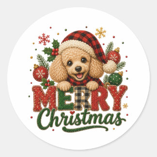 Sticker Rond Joli Poodle Joyeux Noël