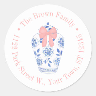 Sticker Rond Joli pot de Ginger avec ruban rose Adresse de reto