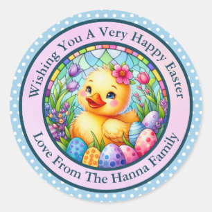 Sticker Rond Joli poussin de Pâques, fleurs et œufs colorés