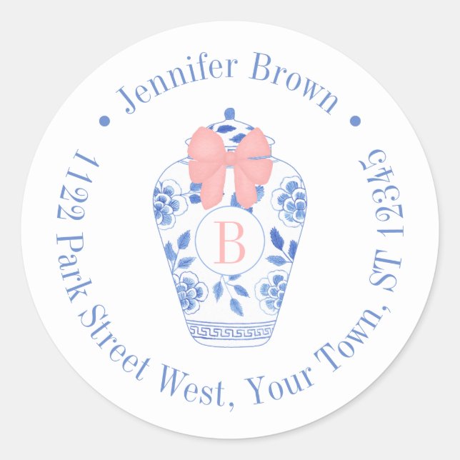 Sticker Rond Joli Pretty Pink Bow Ginger Jar Monogramme Adresse (Devant)