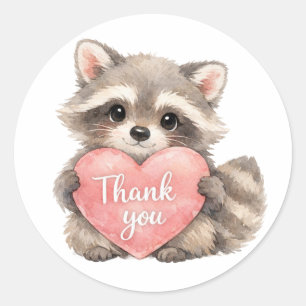 Sticker Rond Joli Raton Laveur Bébé Aquarelle "Merci" Cœur