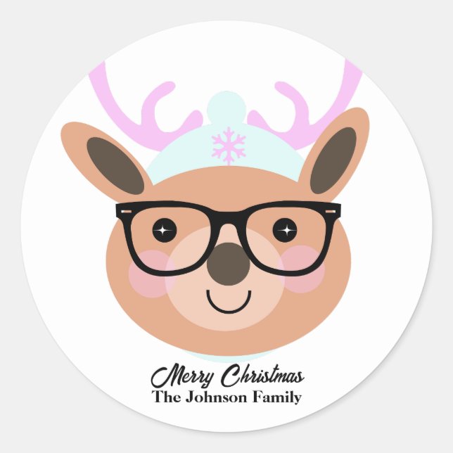 Sticker Rond Joli Reindeer Noël Casquette Écharpe lunettes (Devant)