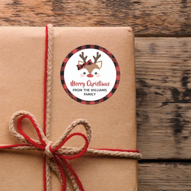 Sticker Rond Joli Reindeer Plaid Bow Rouge Joyeux Noël (Créateur téléchargé)