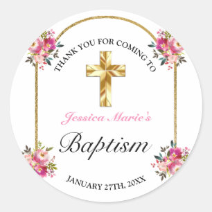 Sticker Rond Joli Remerciement de Baptême Croix Dorée Fleur Ros