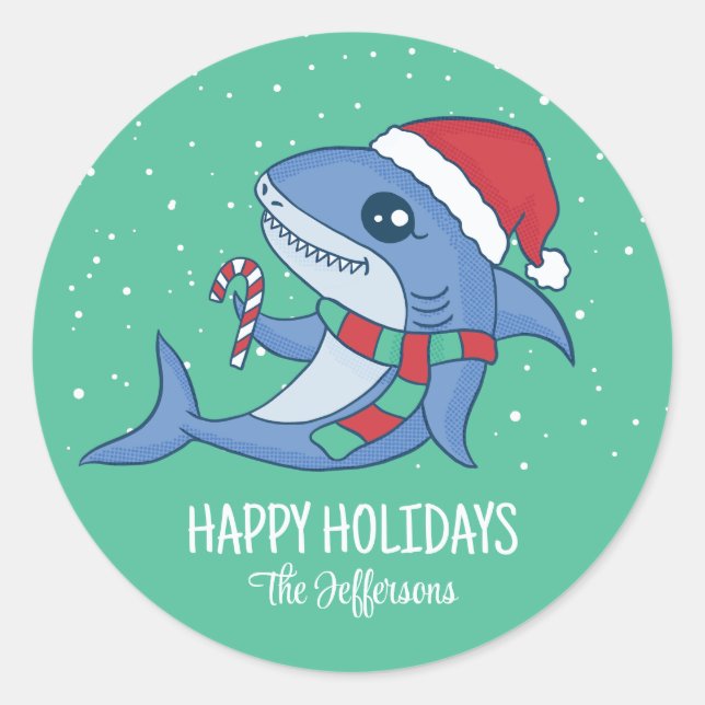 Sticker Rond Joli requin Père Noël Noël Neige hiver vacances (Devant)