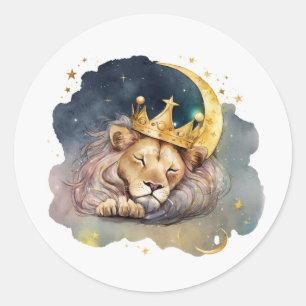 Sticker Rond Joli roi Lion endormi sur la Lune