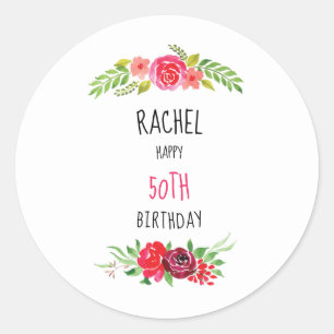 Sticker Rond Joli Rose d'aquarelle rose joyeux texte d'annivers