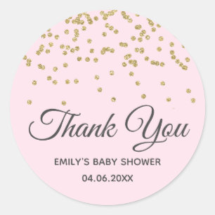 Sticker Rond Joli rose poudré et or pailleté Merci Baby Shower
