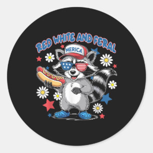 Sticker Rond Joli Rouge Blanc Et Feral Raccoon Hot Dog 4th De J