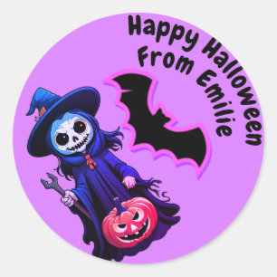 Sticker Rond Joli rousse et chauve-souris Halloween