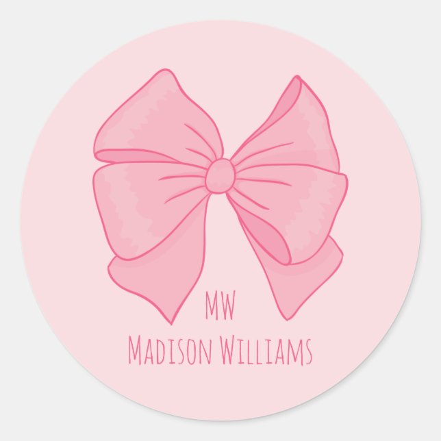 Sticker Rond Joli Ruban Rose Monogramme et Nom de Fille (Devant)