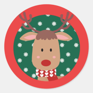 Sticker Rond Joli Rudolph Reindeer Noël Rouge Vert