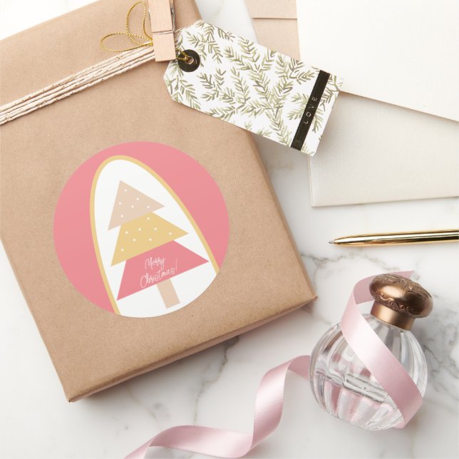 Sticker Rond Joli sapin rose de Noël (Cadeaux)