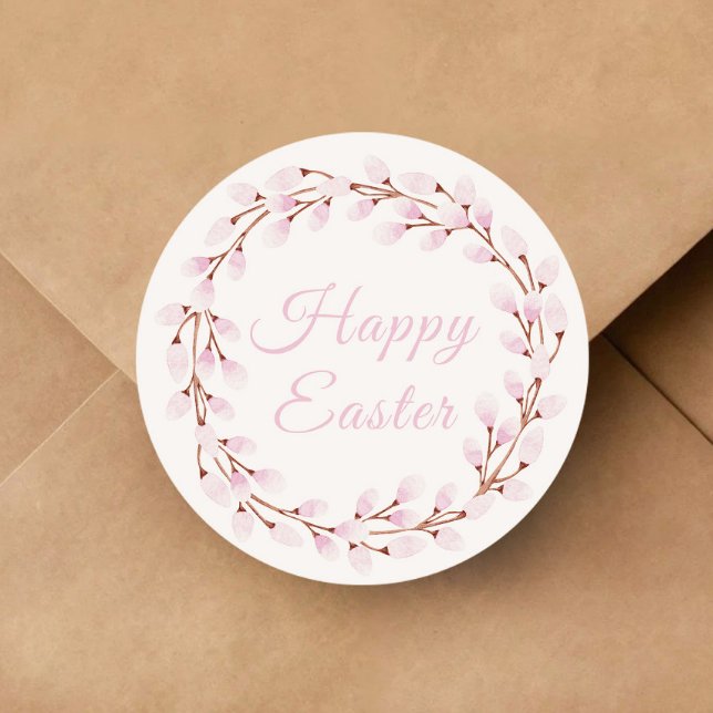 Sticker Rond Joli Saule Rose Joyeuses Pâques (Cute Pink Willow Happy Easter Classic Round Sticker)