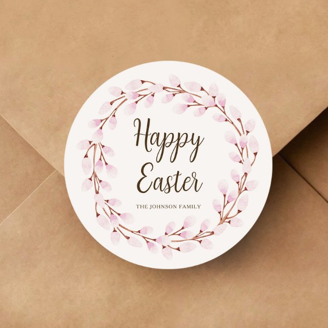 Sticker Rond Joli Saule Rose Joyeuses Pâques (Cute Pink Willow Happy Easter Classic Round Sticker)