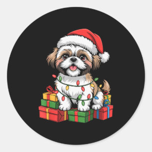 Sticker Rond Joli Shih Tzu Chapeau de Père Noël Noël Xmas Amate