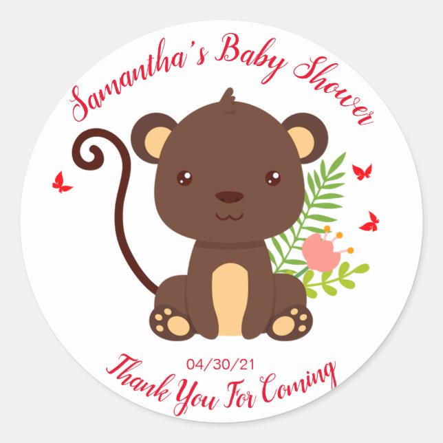 Sticker Rond Joli Singe Brown Avec Baby shower Fleurs Roses (Devant)