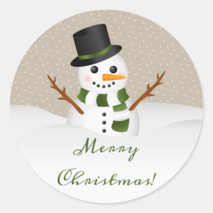 Sticker Rond Joli Snowman Souriant Avec Joyeux Texte De Noël