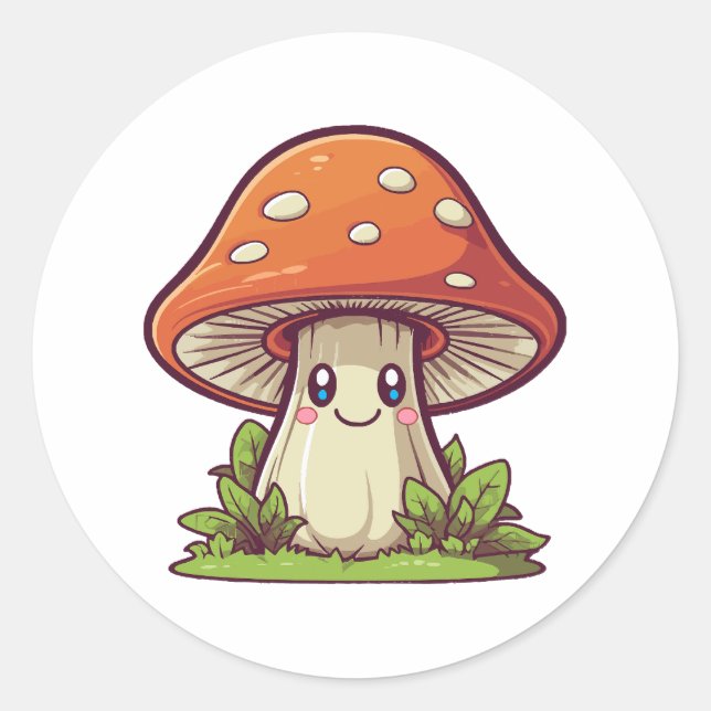 Sticker Rond Joli style kawaii, Cueillette de champignons (Devant)