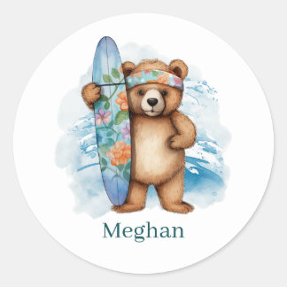 Sticker Rond Joli surf ours ajouter le nom