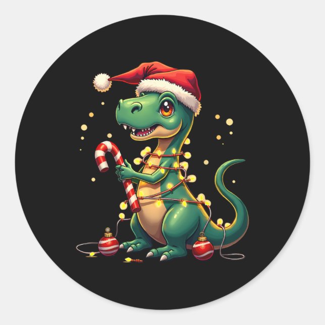 Sticker Rond Joli T-rex Chemise Dinosaure De Noël Éclairé Et Pe (Devant)